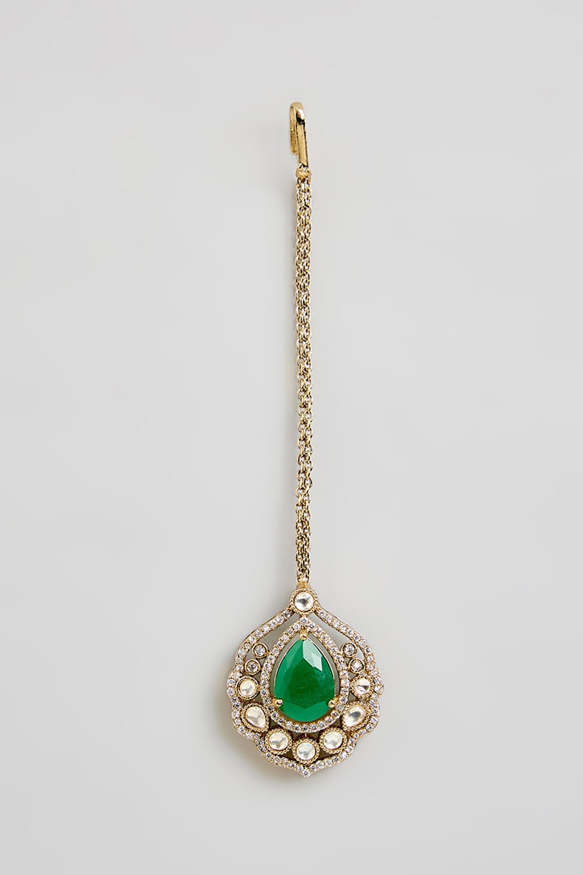 Gold Finish Kundan Polki & Green Gemstone Maangtikka