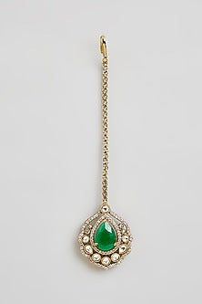 Gold Finish Kundan Polki & Green Gemstone Maangtikka