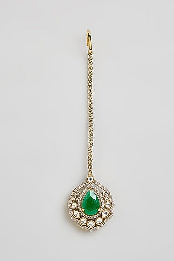 Gold Finish Kundan Polki & Green Gemstone Maangtikka