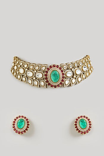 Gold Finish Kundan Polki Choker Necklace Set