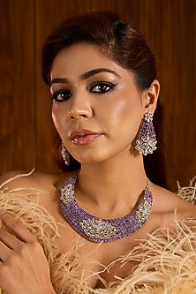 White Finish Lavender Crystal Choker Necklace Set