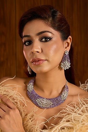 White Finish Lavender Crystal Choker Necklace Set