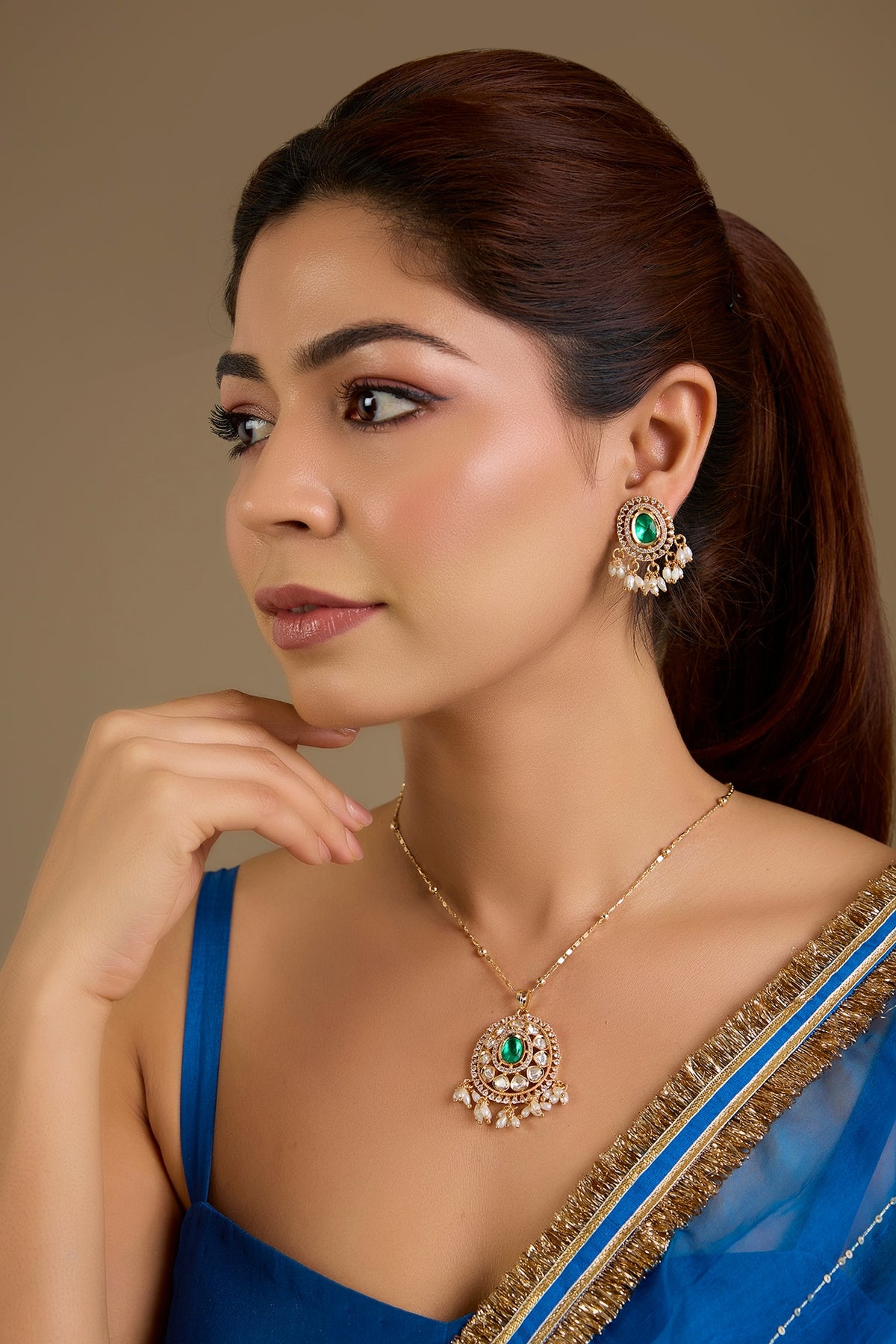 Gold Finish White Kundan Polki Necklace Set