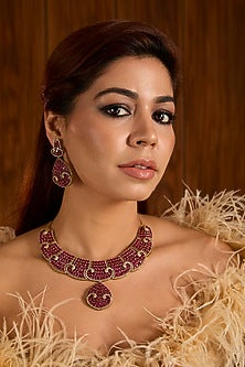 Rose Gold Finish Ruby & Kundan Polki Choker Necklace Set