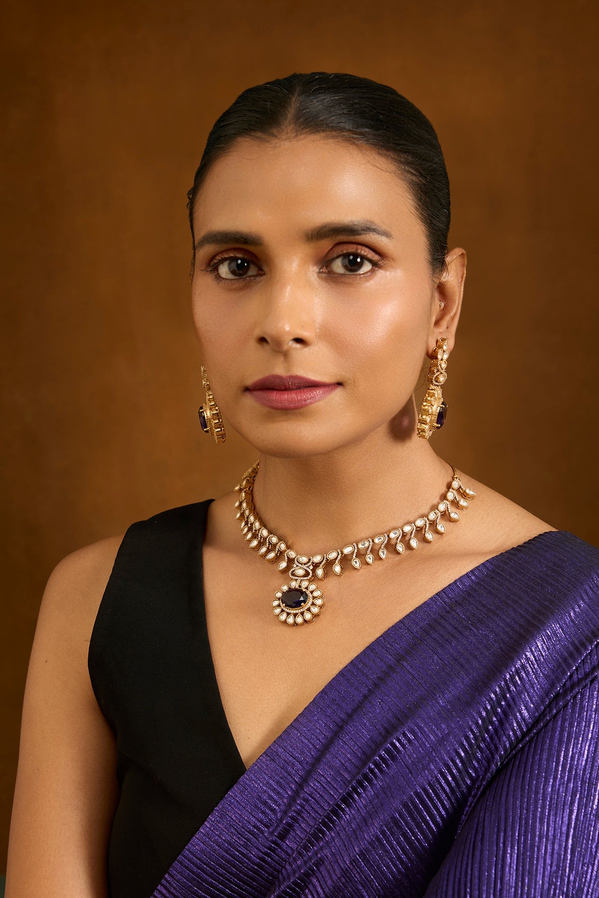 Two Tone Finish Black Stone & Kundan Polki Necklace Set
