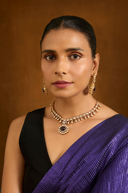 Two Tone Finish Black Stone & Kundan Polki Necklace Set
