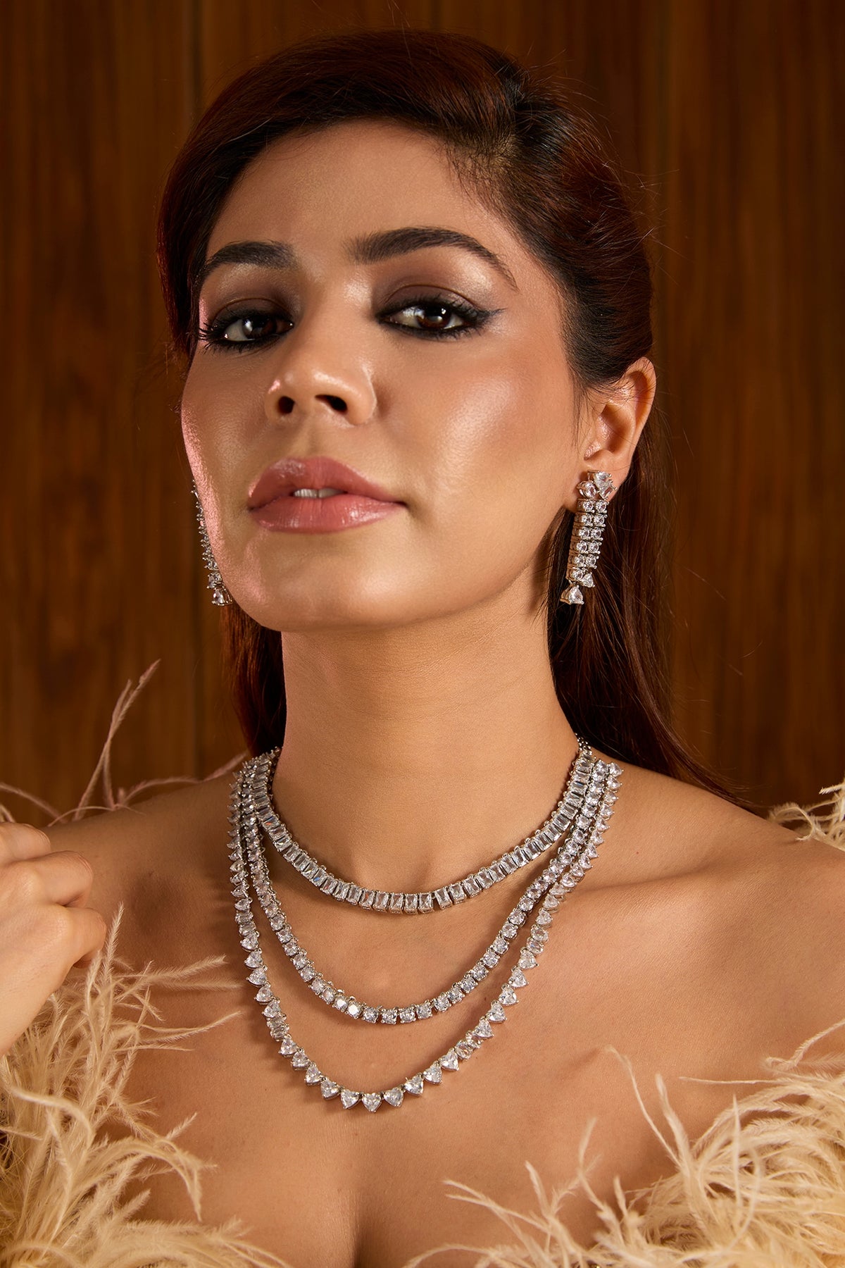White Finish Zircon Layered Necklace Set