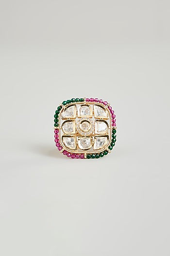 Gold Finish Kundan Polki Ring