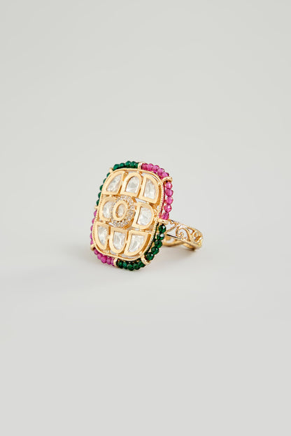 Gold Finish Kundan Polki Ring