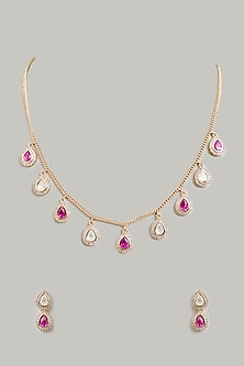 Gold Finish Pink Stone & Cubic Zirconia Necklace Set