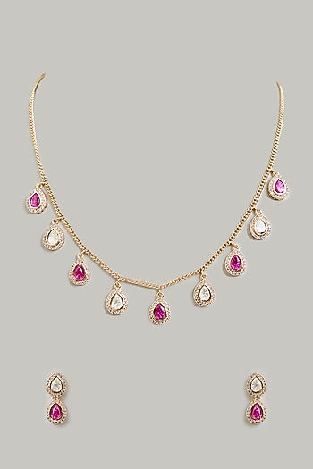 Gold Finish Pink Stone & Cubic Zirconia Necklace Set