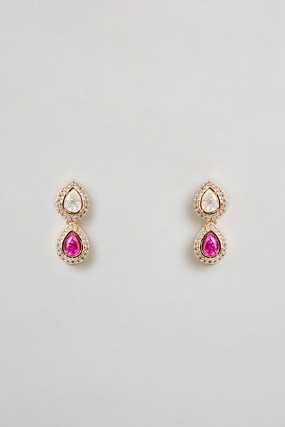 Gold Finish Pink Stone & Cubic Zirconia Necklace Set