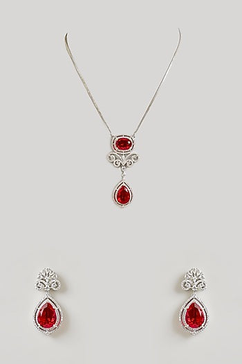 Silver Finish Ruby & Diamond Pendant Necklace Set