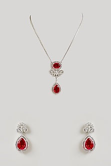 Silver Finish Ruby & Diamond Pendant Necklace Set