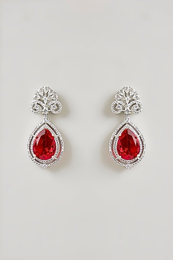 Silver Finish Ruby & Diamond Pendant Necklace Set