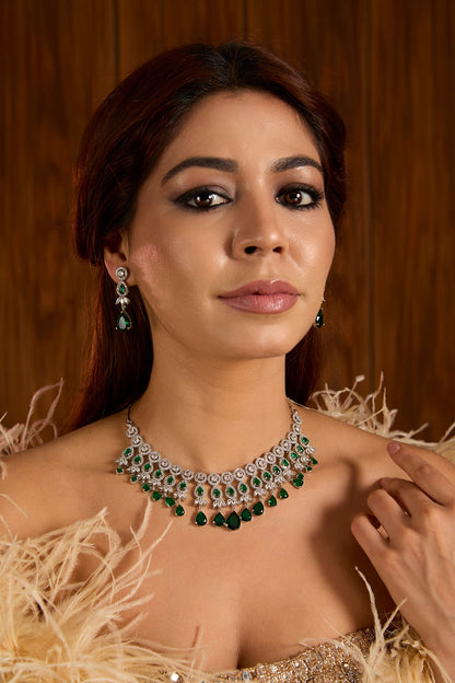 Gold Finish Emerald & Diamond Necklace Set