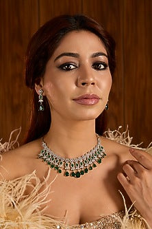 Gold Finish Emerald & Diamond Necklace Set