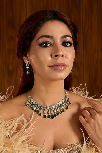 Gold Finish Emerald & Diamond Necklace Set