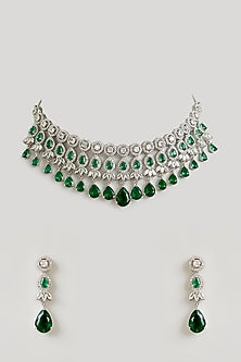 Gold Finish Emerald & Diamond Necklace Set