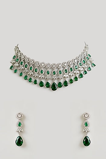Gold Finish Emerald & Diamond Necklace Set