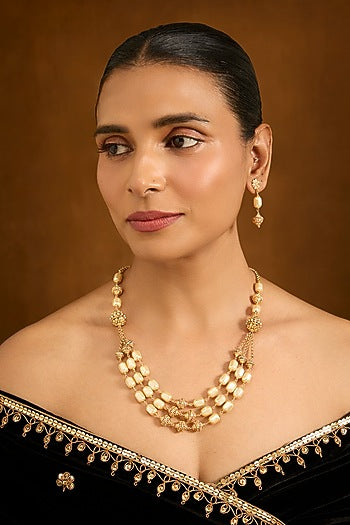 Gold Finish Pearl & Beaded Necklace Set