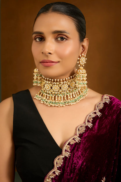 Gold Finish Kundan Polki Choker Necklace Set