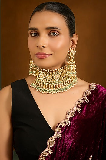 Gold Finish Kundan Polki Choker Necklace Set