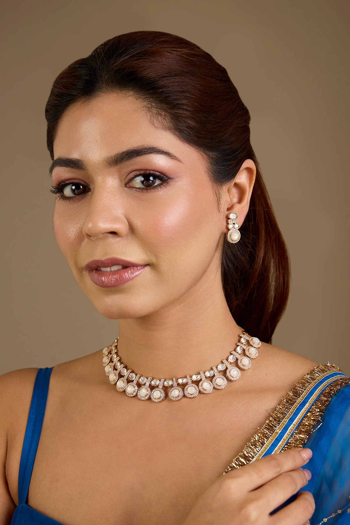Gold Finish Kundan Polki Choker Necklace Set