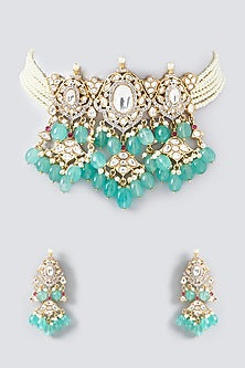 Gold Plated Kundan Polki & Mint Green Onyx Choker Necklace Set