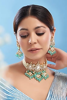 Gold Plated Kundan Polki & Mint Green Onyx Choker Necklace Set