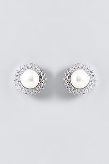 White Rhodium Finish Pearl & Zircon Stud Earrings