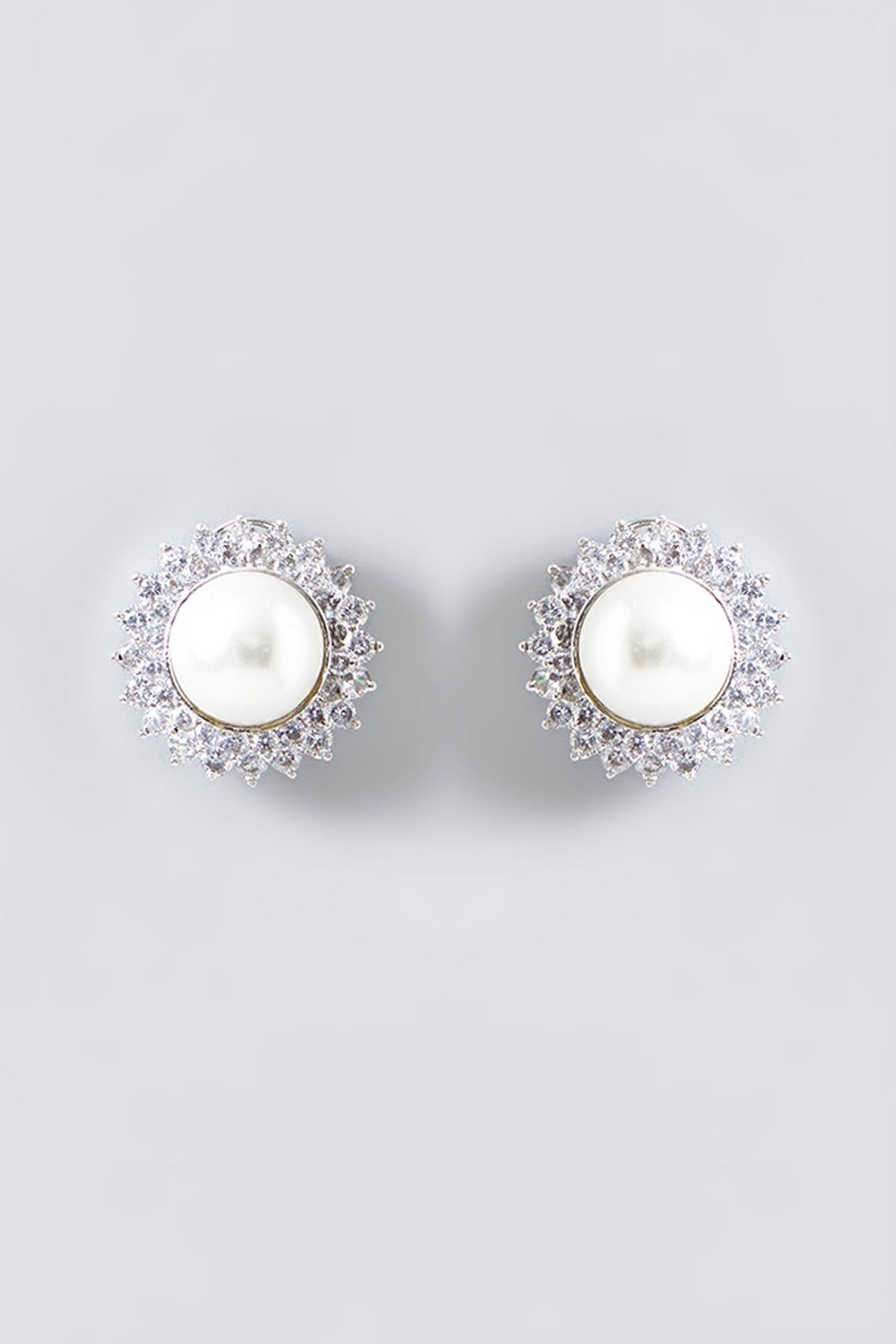 White Rhodium Finish Pearl & Zircon Stud Earrings