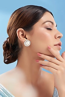 White Rhodium Finish Pearl & Zircon Stud Earrings