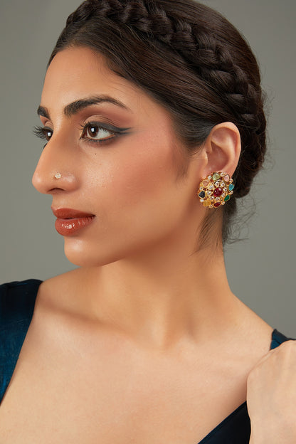 Gold Plated Multi-Colored Kundan Polki Stud Earrings