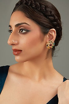 Gold Plated Multi-Colored Kundan Polki Stud Earrings