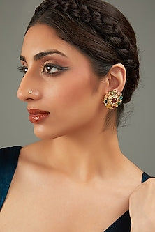 Gold Plated Multi-Colored Kundan Polki Stud Earrings