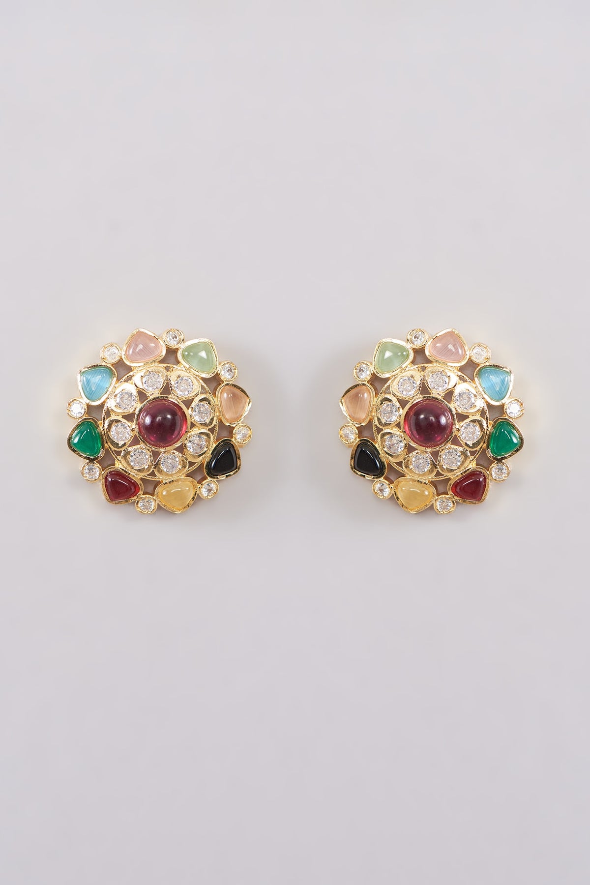 Gold Plated Multi-Colored Kundan Polki Stud Earrings