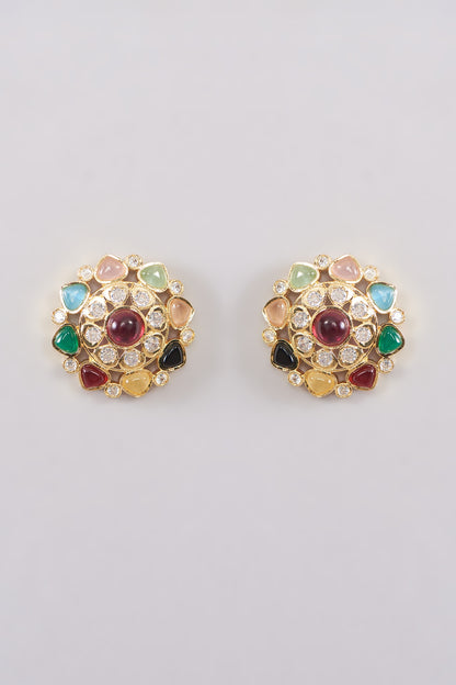 Gold Plated Multi-Colored Kundan Polki Stud Earrings