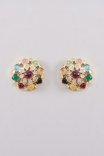 Gold Plated Multi-Colored Kundan Polki Stud Earrings