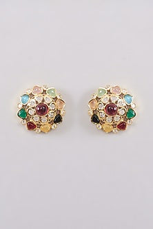 Gold Plated Multi-Colored Kundan Polki Stud Earrings