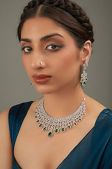 White Rhodium Finish Green Zircon Necklace Set