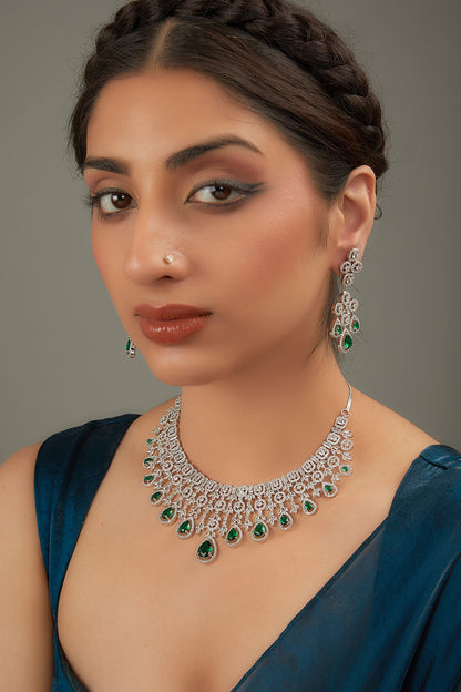 White Rhodium Finish Green Zircon Necklace Set