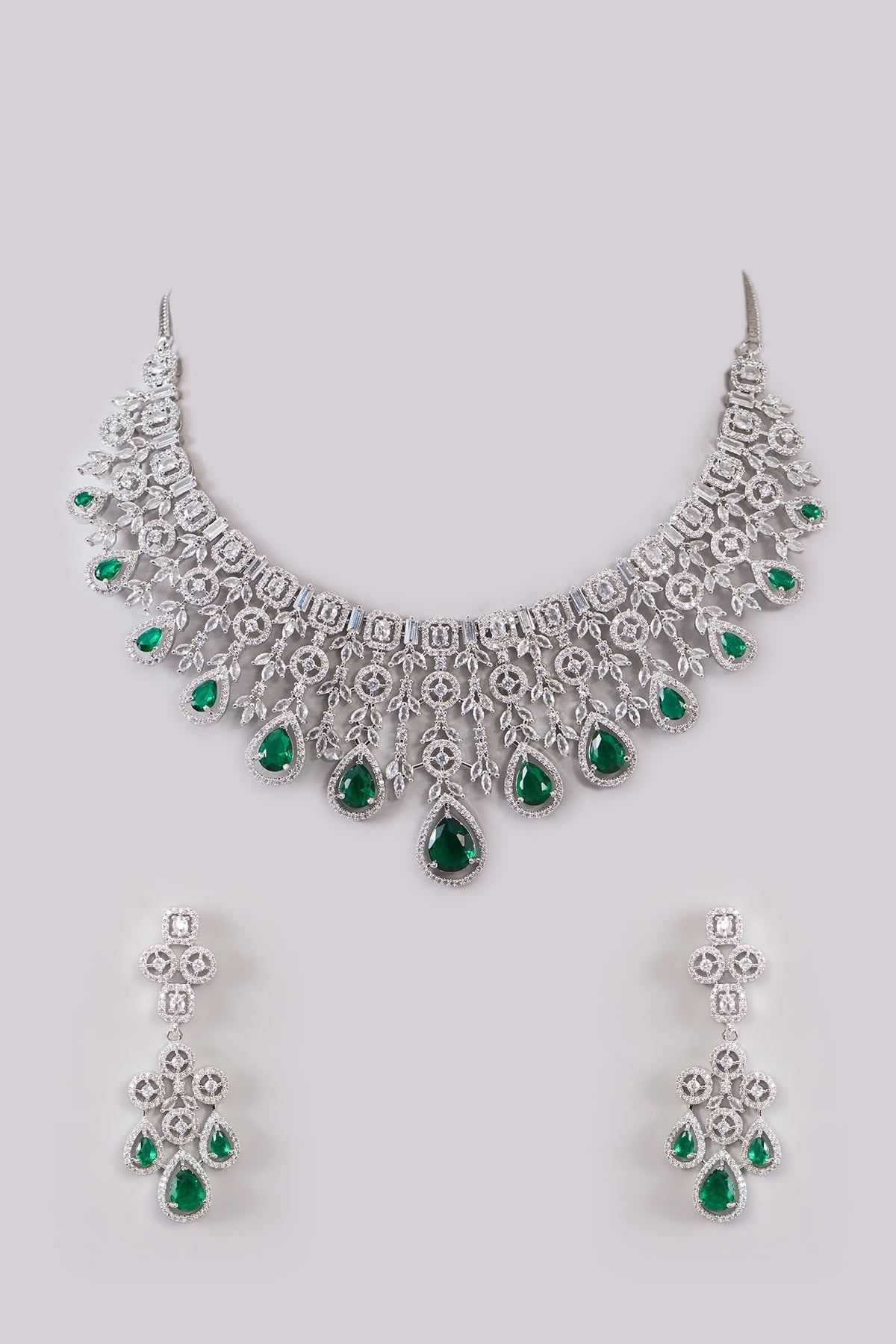 White Rhodium Finish Green Zircon Necklace Set