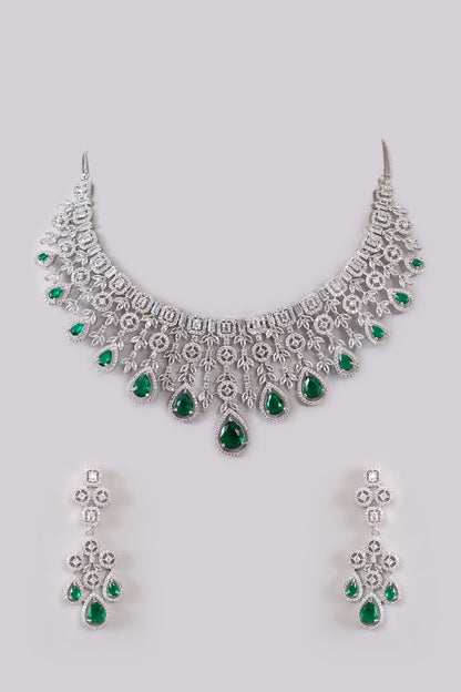 White Rhodium Finish Green Zircon Necklace Set