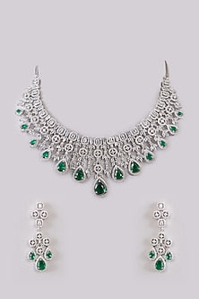 White Rhodium Finish Green Zircon Necklace Set