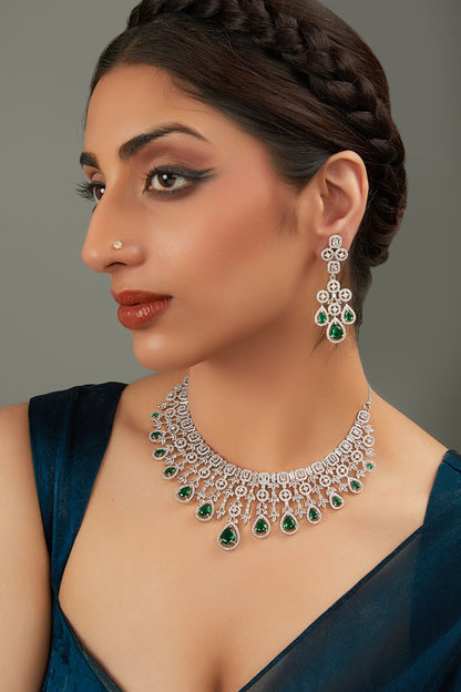 White Rhodium Finish Green Zircon Necklace Set