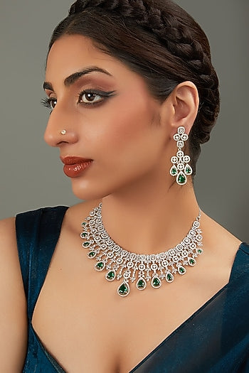 White Rhodium Finish Green Zircon Necklace Set