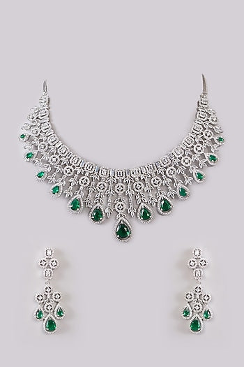 White Rhodium Finish Green Zircon Necklace Set