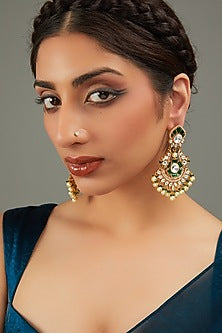 Gold Plated Red & Green Kundan Polki Chandbali Earrings