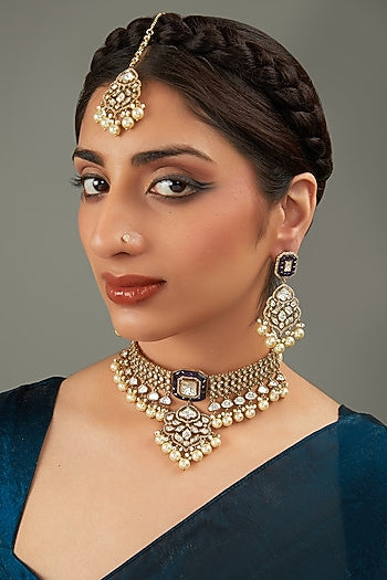 Gold Plated Green Stone & Kundan Polki Necklace Set